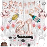 🎉 21st birthday decorations set: party supplies, cake topper, banner, finally 21 sash, tiara, rose gold confetti balloons for her – includes 2 silver fringe foil curtains with photo booth props for 21st bday celebration logo