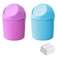 set of 2 plastic mini wastebasket trash cans with swing lid, including 4 rolls of trash bags - tiny desktop waste garbage bins for home, office, kitchen, vanity tabletop, bedroom, bathroom (blue + purple) logo