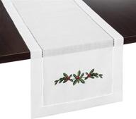 🎄 holly garland and red berries hemstitch table runner by brio trends - rustic farmhouse country home decor for fall, winter, holiday, christmas, or thanksgiving - white, 14 x 72 inch логотип