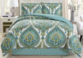 img 1 attached to 🛏️ California Cal King Size 4-Piece Fine Printed Oversize Comforter Set - Reversible Soft Down Alternative Bedding in Turquoise Blue, Grey, White, and Sage Green
