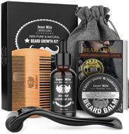 🧔 organic beard growth kit with derma roller, natural oil for patchy beards, facial hair growth, balm & comb, storage bag - perfect gifts for men, father, boyfriend logo