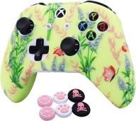 ralan xbox one s/x controller silicone skin cover protector - black with 8 pro thumb grips & 2 cat + skull cap grip covers (d yellow) logo