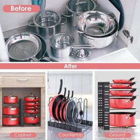 img 1 attached to 🍳 Adjustable Pan Organizer Rack for Cabinet - 3 DIY Methods, 8 Tier Pot and Pans Organizer, Large & Small Kitchen Cookware Organizer