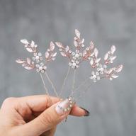 🌸 heart leaf bridal wedding hair pins: crystal & pearl hair accessories for women and girls (pack of 3) - rose gold logo