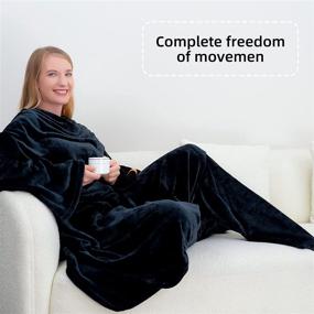 img 2 attached to 🧥 Wearable Blanket with Sleeves and Feet Pockets: Comfy Full Body TV Throw for Adults - Super Soft and Warm Fleece Blanket with Pocket (Black 55.1"X70.8")