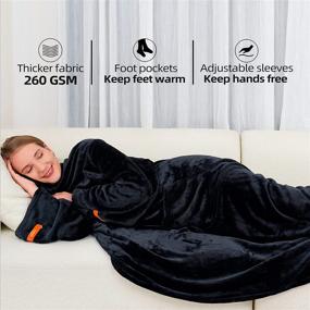 img 3 attached to 🧥 Wearable Blanket with Sleeves and Feet Pockets: Comfy Full Body TV Throw for Adults - Super Soft and Warm Fleece Blanket with Pocket (Black 55.1"X70.8")