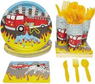 🚒 firetruck themed birthday party supplies set - plates, napkins, cups, and cutlery (24 guests, 144 pieces) logo