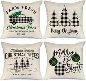 img 4 attached to 🎄 AENEY 18x18 Christmas Decorative Pillow Covers Set of 4 - Merry & Bright Buffalo Plaid Tree Accent Pillows, Rustic Winter Holiday Xmas Throw Pillows for Couch, Farmhouse Christmas Decorations, Truck Design - A281