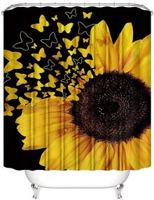 img 2 attached to 🌻 Complete Butterfly Sunflower Bathroom Set: Shower Curtain, Rug, Cover, Mat, Hooks