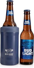 img 1 attached to 🍺 Vacuum-Sealed Stainless Steel Beer Buddy Insulated Can Holder - Cold Beverage Beer Bottle Insulator - Thermos Beer Cooler for Any Size Drink - One Size Fits All (Matte Blue)