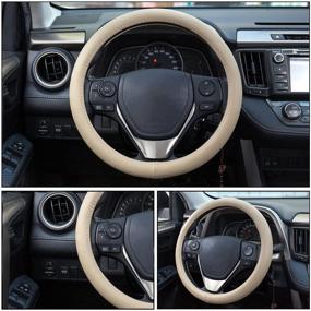 img 3 attached to 🚗 FMS Genuine Leather Steering Wheel Cover - Universal 15 inch Beige, Durable, Breathable, Anti Slip - Must-Have Automotive Interior Accessory