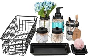 img 4 attached to 🏺 SheeChung Mason Jar Bathroom Accessories Set - 8 Pieces - Foaming Soap Dispenser, Toothbrush Holder, 2 Apothecary Jars, Flower Vase, Soap Dish, Vanity Tray, Toilet Paper Holder Storage Bin - Vintage Farmhouse Decor in Black