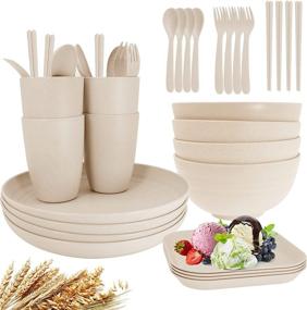 img 4 attached to 4-Piece Unbreakable Wheat Straw Dinnerware Set by Farielyn-X - Lightweight Camping Plates and Bowls with Chopsticks, Forks, and Spoons - Microwave and Dishwasher Safe - Ideal Dinnerware Set for Kids and Adults