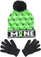 🧢 new green minecraft woven mine kids beanie hat cap and gloves set logo