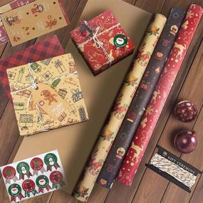 img 2 attached to Rancco Christmas Wrapping Paper Set - 10 Sheets of Recyclable Kraft Gift Wrap, Includes 8 Gift Sticker Tags, Christmas Ribbon - Ideal for Xmas Gift Wrap, Present Decoration, DIY Crafts - Size: 27.5x19.7inch per Sheet