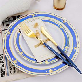 img 2 attached to 🎄 Supernal 150-Piece Blue Christmas Dinnerware Set with Gold Rim Design, Gold Plastic Silverware with Blue Glitter Handle: 30 Dinner Plates, 30 Dessert Plates, 30 Forks, 30 Knives, 30 Spoons