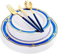 🎄 supernal 150-piece blue christmas dinnerware set with gold rim design, gold plastic silverware with blue glitter handle: 30 dinner plates, 30 dessert plates, 30 forks, 30 knives, 30 spoons logo