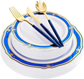 img 4 attached to 🎄 Supernal 150-Piece Blue Christmas Dinnerware Set with Gold Rim Design, Gold Plastic Silverware with Blue Glitter Handle: 30 Dinner Plates, 30 Dessert Plates, 30 Forks, 30 Knives, 30 Spoons