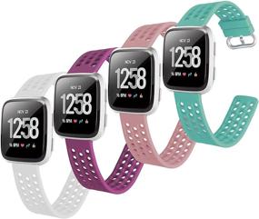 img 4 attached to 4 пакета ремешков Faychey Sport Bands - дышащие силиконовые заменяющие ремешки для Fitbit 🎽 Versa 2/Versa - бирюзовый розовый фиолетовый белый - мужчины женщины - совместимы с маленьким размером.