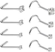 💎 set of 8 round diamond nose screw studs - surgical steel hypoallergenic nose rings, piercing jewelry, 20g logo