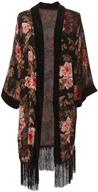 👘 long velvet sleeves kimono cardigan for women, featuring burnout design and fringed details logo