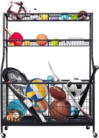 img 4 attached to 🏀 Optimized Search: Sports Equipment Storage Organizer with Baskets and Hooks - Garage Ball Holder and Rolling Sports Ball Cart for Basketball, Baseball, and More