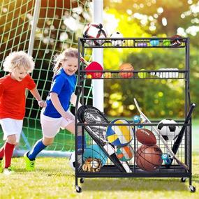 img 3 attached to 🏀 Optimized Search: Sports Equipment Storage Organizer with Baskets and Hooks - Garage Ball Holder and Rolling Sports Ball Cart for Basketball, Baseball, and More