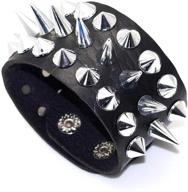 wide leather wristband bracelet with punk rivet spike design logo
