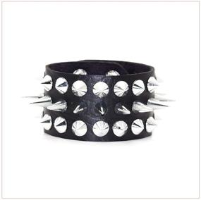 img 3 attached to Wide Leather Wristband Bracelet with Punk Rivet Spike Design