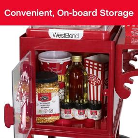 img 2 attached to 🍿 West Bend PCMC20RD13 Popcorn Cart - 2.5-Ounce Non-Stick Stainless Steel Kettle - Makes 10 Cups - Prep Shelf Storage and Wheels for Easy Mobility - Includes Measuring Tool - Red