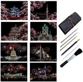 img 4 attached to 🌈 Rainbow Scratch Paper Art: Craft Night View Painting Kits for Adults and Kids - Fireworks & Sakura Designs, 8 Sheets Scratch Cards & Scratch Drawing Pen Included