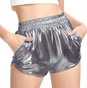 img 4 attached to 🌟 MAKARTHY Metallic Sparkly Rave Shorts for Women, with Elastic Waist