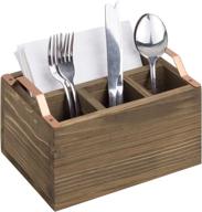 🍴 rustic burnt wood kitchen utensils holder napkin caddy with copper-toned handles - 4-compartment dining flatware organizer cutlery holder логотип