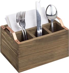 img 4 attached to 🍴 Rustic Burnt Wood Kitchen Utensils Holder Napkin Caddy with Copper-Toned Handles - 4-Compartment Dining Flatware Organizer Cutlery Holder