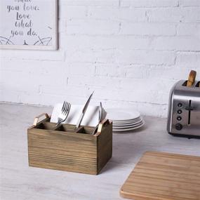 img 2 attached to 🍴 Rustic Burnt Wood Kitchen Utensils Holder Napkin Caddy with Copper-Toned Handles - 4-Compartment Dining Flatware Organizer Cutlery Holder