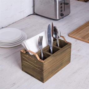 img 3 attached to 🍴 Rustic Burnt Wood Kitchen Utensils Holder Napkin Caddy with Copper-Toned Handles - 4-Compartment Dining Flatware Organizer Cutlery Holder