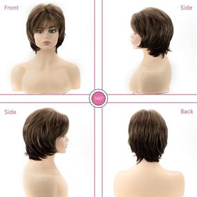 img 2 attached to Гибкая и модная короткая коричневая парик Pixie Cut с челкой для кавказских женщин | Смешанные блондинки синтетические прямые волосы | Термостойкий парик для ежедневного использования.