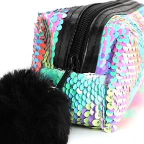 img 1 attached to PHOGARY Glitter Cosmetic Bag Mermaid Reversible Sequins Portable Double 🌈 Color Make Up Pouch for Girls with Pompon Zip Closure (Colorful)