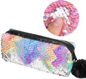 img 2 attached to PHOGARY Glitter Cosmetic Bag Mermaid Reversible Sequins Portable Double 🌈 Color Make Up Pouch for Girls with Pompon Zip Closure (Colorful)