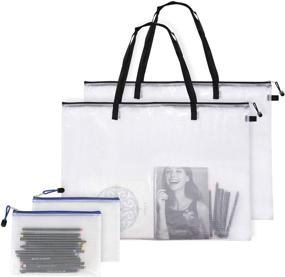 img 4 attached to 🎨 Apipi 4-Piece Art Portfolio Bags - 2 Waterproof Art Supply Storage Bags with Zipper and Handle, Mesh PVC Organizer Pocket, and 2 Pencil Bags for Artworks, Large Posters, and Painting Materials (19"x25")