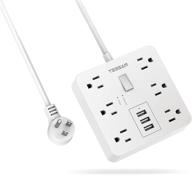 surge protector power strip with 3 usb ports: tessan 5 ft flat plug extension cord with 6 ac outlets for home, office, dorm room - white logo