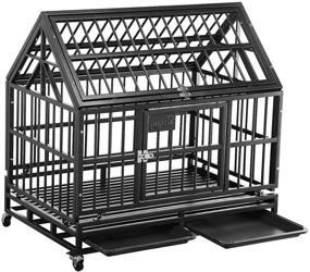 img 4 attached to 🐶 Premium Metal Dog Crate Kennel with Four Wheels and Roof – Heavy Duty, Easy to Assemble (38 INCH ROOF, Black) for Large Dogs