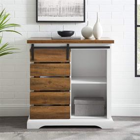 img 2 attached to 🚪 Walker Edison Willa Modern Farmhouse Sliding Storage Console - 32 Inch - White & Rustic Oak: Single Slat Door Design for Stylish Organization