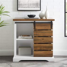 img 3 attached to 🚪 Walker Edison Willa Modern Farmhouse Sliding Storage Console - 32 Inch - White & Rustic Oak: Single Slat Door Design for Stylish Organization