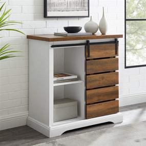 img 4 attached to 🚪 Walker Edison Willa Modern Farmhouse Sliding Storage Console - 32 Inch - White & Rustic Oak: Single Slat Door Design for Stylish Organization