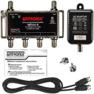 🔌 high-performance 4-port cable tv/antenna/hdtv/internet digital signal amplifier/booster/splitter with passive return, black coax power cable, f59 terminators (antronix mra4-8) logo