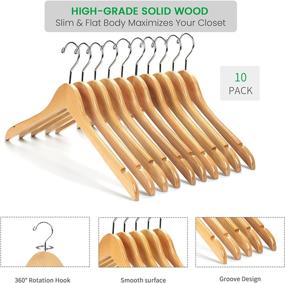 img 2 attached to Pack of 10 Nature Smile Solid Gugertree Wood Shirt and Dress Hangers with Notches, Anti-Rust Chrome Hook - Natural