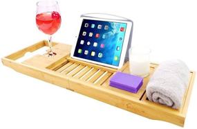 img 4 attached to 🛀 Luxurious PURENJOY Bamboo Bathtub Tray Caddy: Expandable Bath Organizer with Book and Wine Holder - Perfect Gift for Loved Ones!