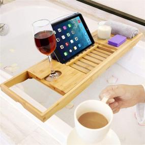 img 1 attached to 🛀 Luxurious PURENJOY Bamboo Bathtub Tray Caddy: Expandable Bath Organizer with Book and Wine Holder - Perfect Gift for Loved Ones!