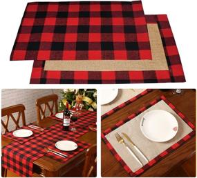 img 4 attached to 🎄 6-Piece Christmas Placemats Set: Buffalo Plaid & Checkered Design in Black and Red. Reversible Burlap & Cotton Mats for Festive Home Holiday Table Décor